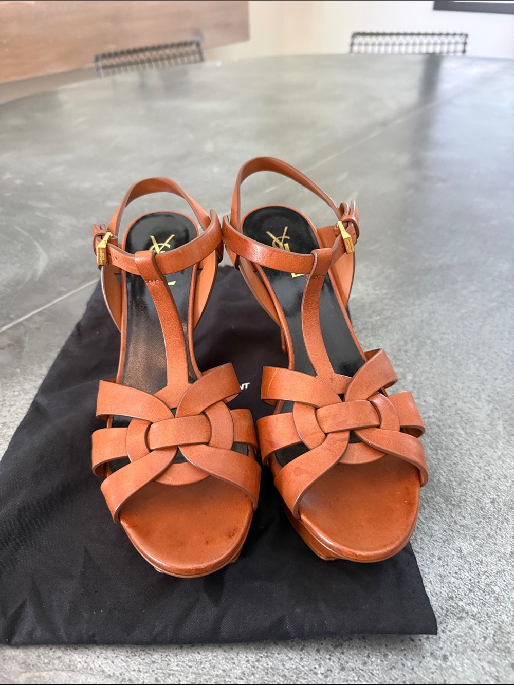 Yves Saint Laurent Tan Brown Leather Woven T-Strap Heels